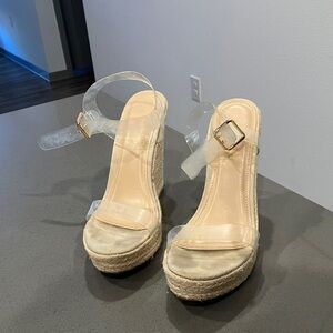 Shoe Dazzle Cream Wedge Sandals with Clear Straps